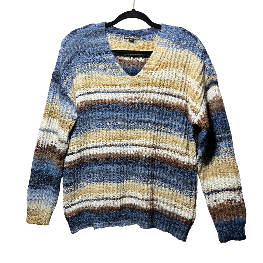 Charlie B Striped V Neck Long Sleeve Sweater Wool Blend L Striped Textured